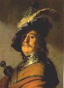 Rembrandt, Bust of a man in a gorget and a feathered beret.